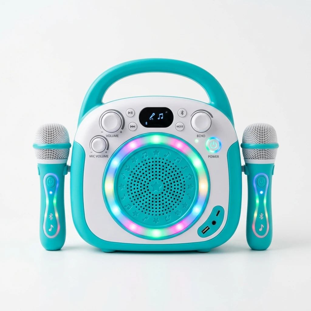 Colourful kids karaoke machine with two wireless microphones and carry handle