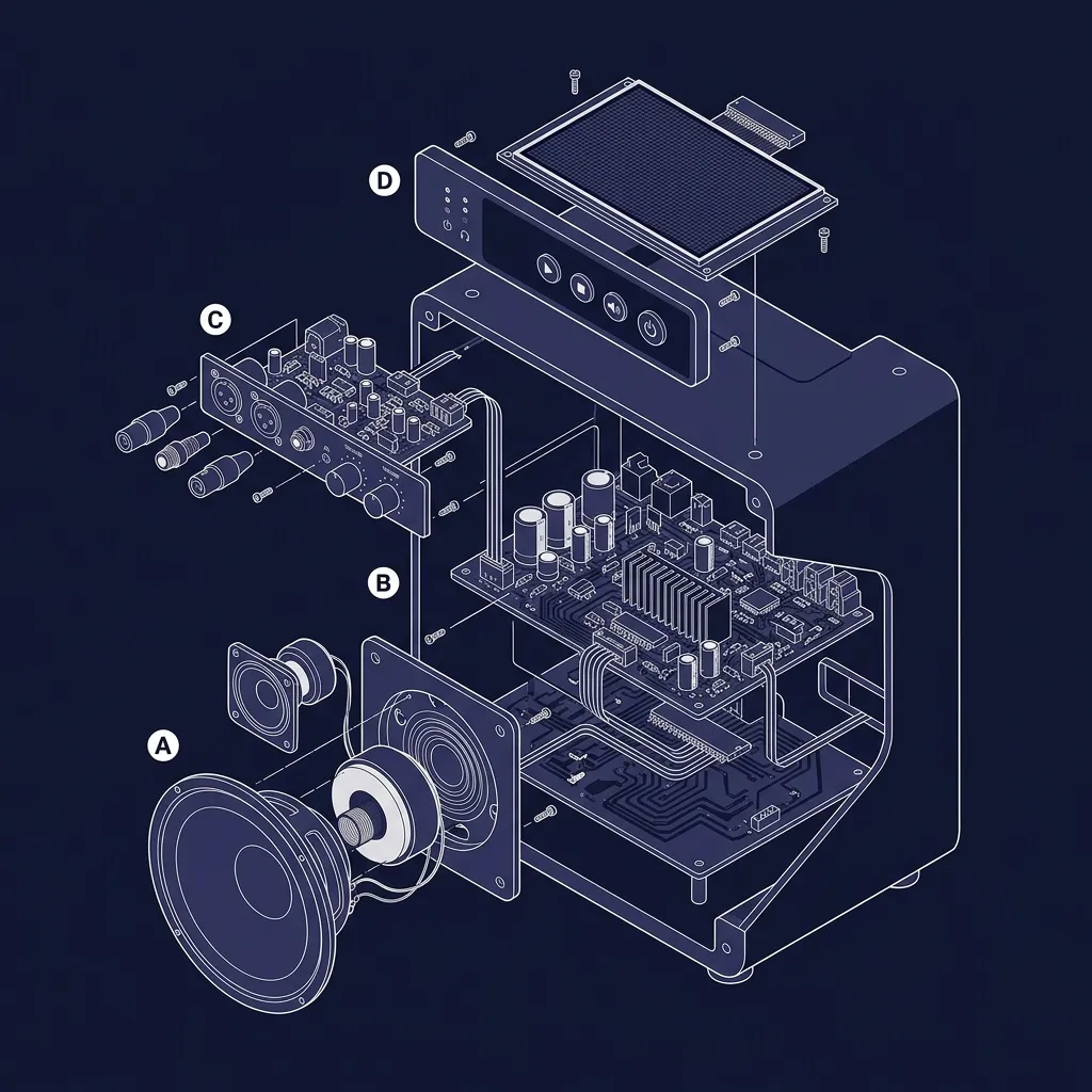 Cutaway diagram showing the 4 core components of a karaoke machine — speaker, amplifier, microphone input, and display screen