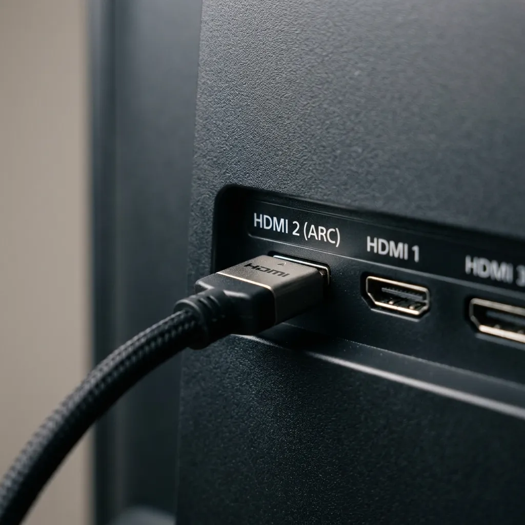 HDMI ARC cable being connected to a TV for karaoke machine setup