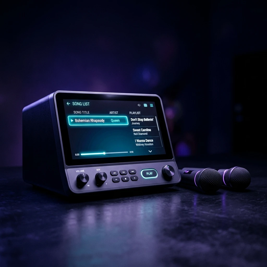 Karaoke machine with wireless microphone and built-in touchscreen showing on-screen text