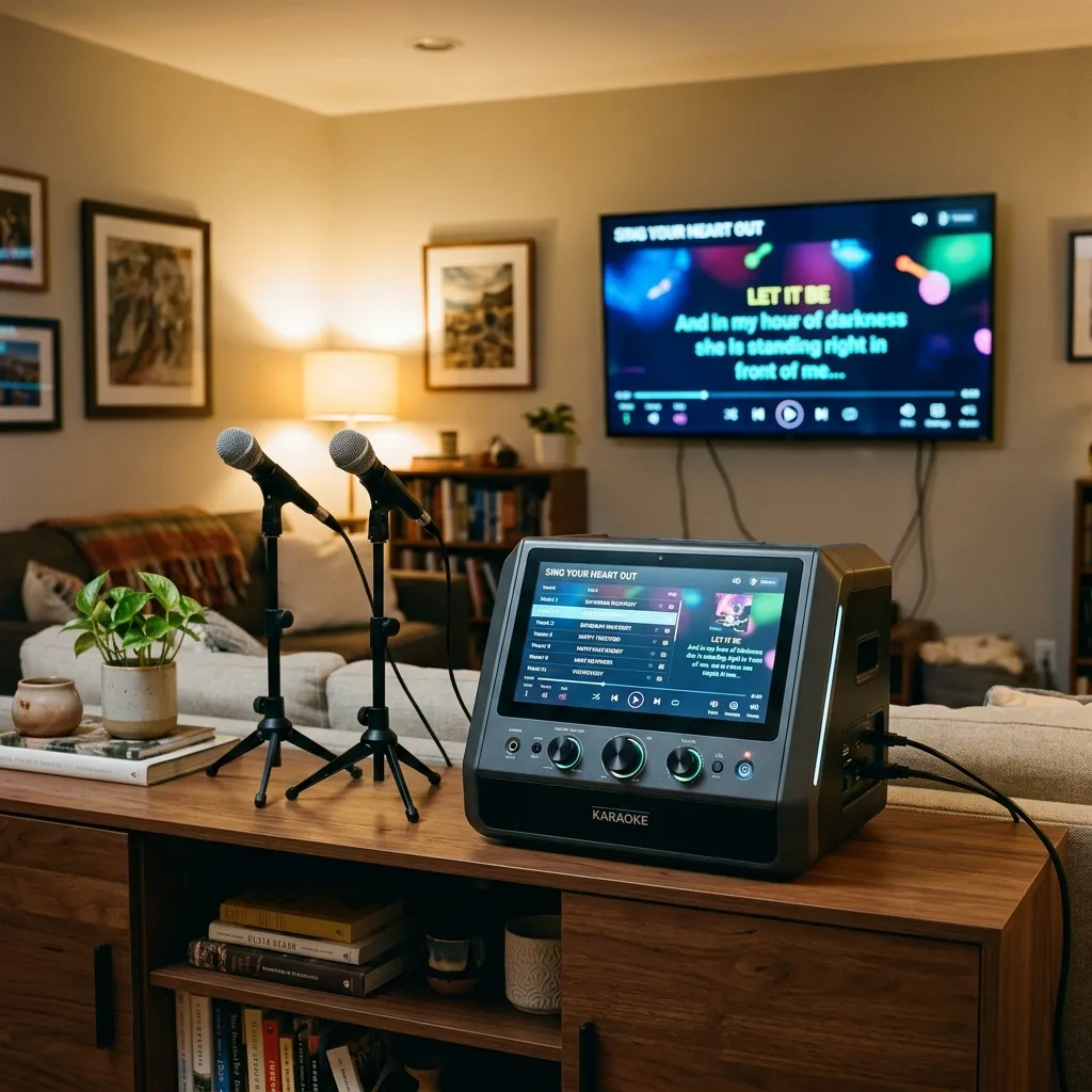 Home karaoke machine connected to TV via HDMI ARC in a living room setting