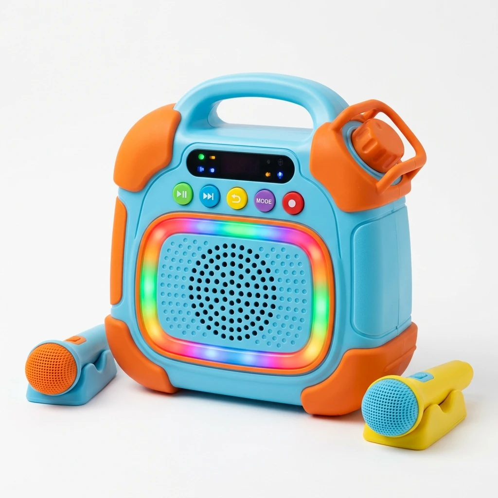 Children's karaoke machine with volume limiter, drop-resistant housing, and auto-pairing wireless microphones