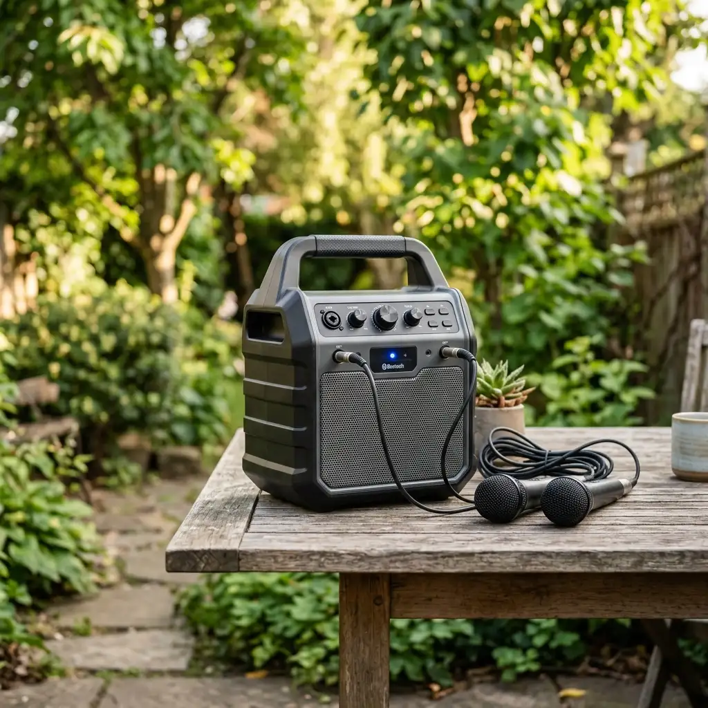 Portable battery-powered karaoke machine suitable for outdoor and travel use