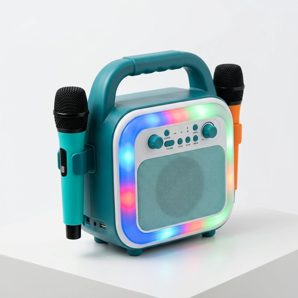 YLL K1-L kids karaoke machine with auto-pairing wireless mics and 85 dB volume cap