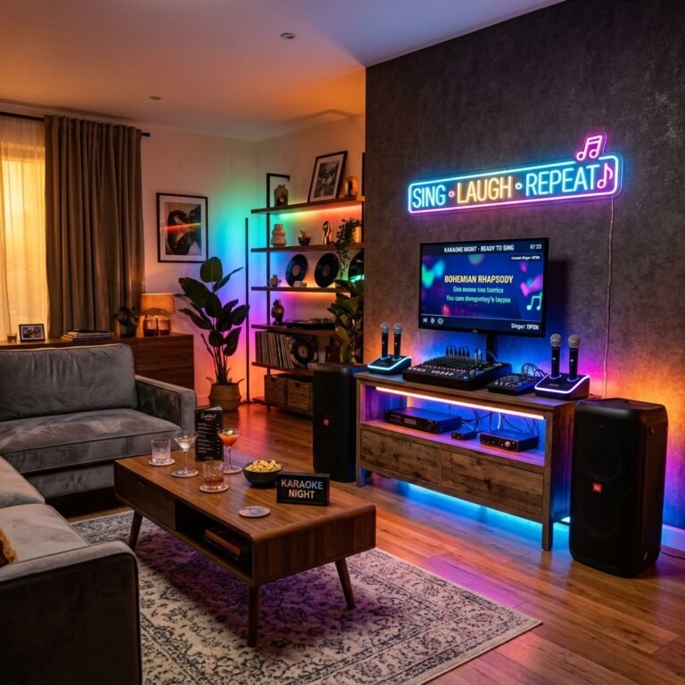 High-end adult party karaoke machine setup in an empty modern living room