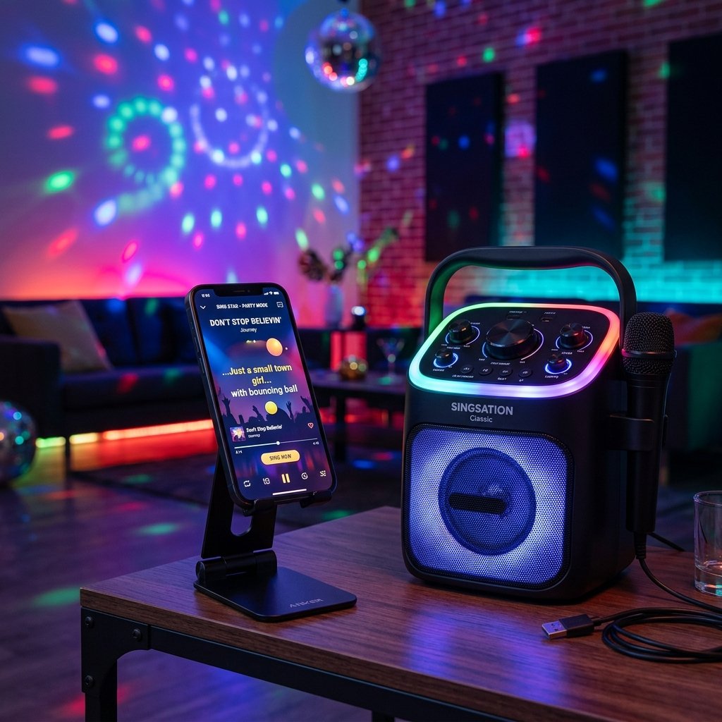 Smartphone propped on a stand next to a Bluetooth karaoke machine