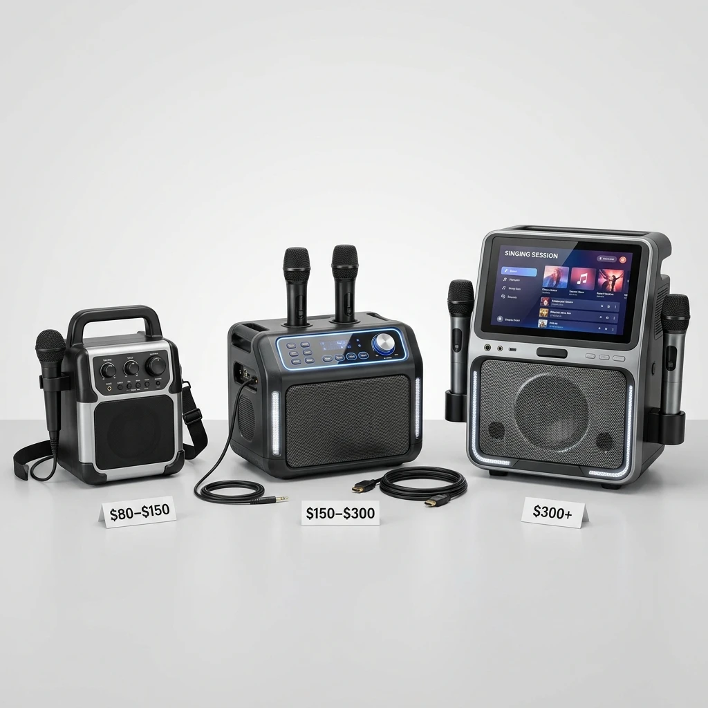 Three home karaoke machines representing entry, mid-range, and premium budget tiers at $80-150, $150-300, and $300-plus
