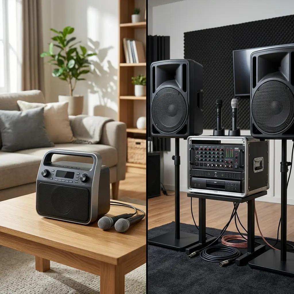 Split image comparing all-in-one home karaoke machine versus professional component karaoke system