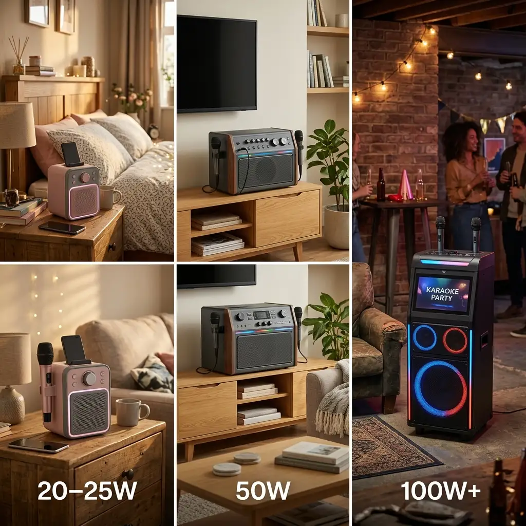 Three home karaoke machines in small, medium, and large room environments showing appropriate room-size matching