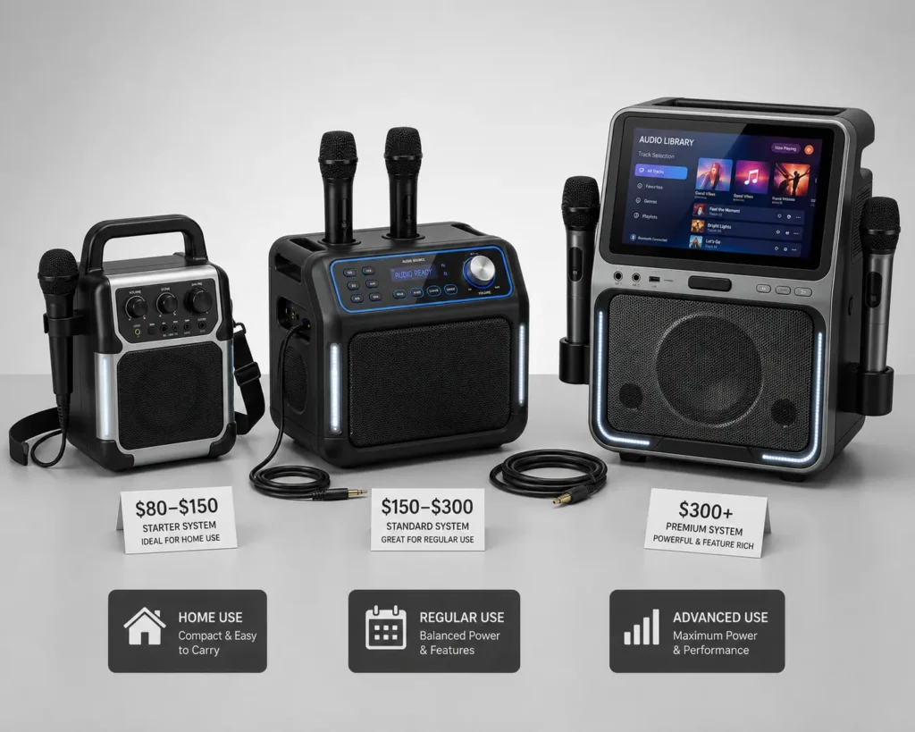 Three home karaoke machines representing entry, mid-range, and premium budget tiers at $80-150, $150-300, and $300-plus