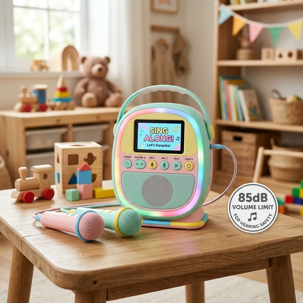 Kid friendly karaoke machine in a playroom with volume limiter safety feature highlighted