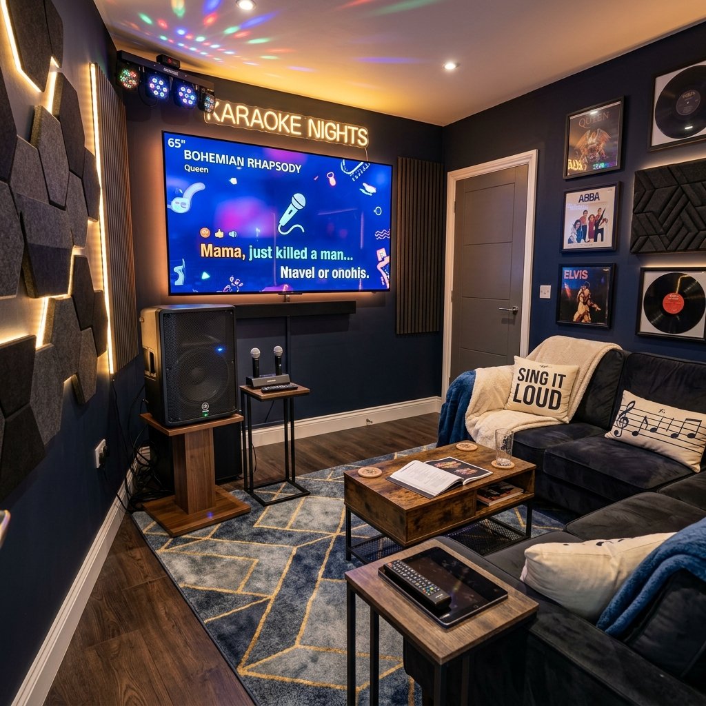 Dedicated home karaoke room setup with flat-screen TV displaying lyrics and no humans