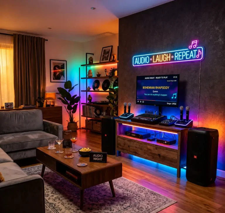 High-end adult event karaoke machine setup in an empty modern living room