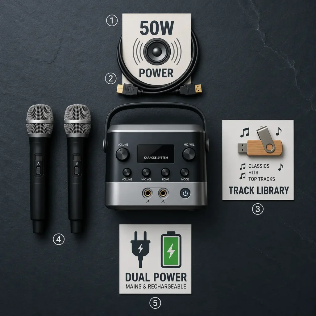 Flat lay of home karaoke machine with 5 buying criteria props: wattage, HDMI, song library, wireless mics, dual power