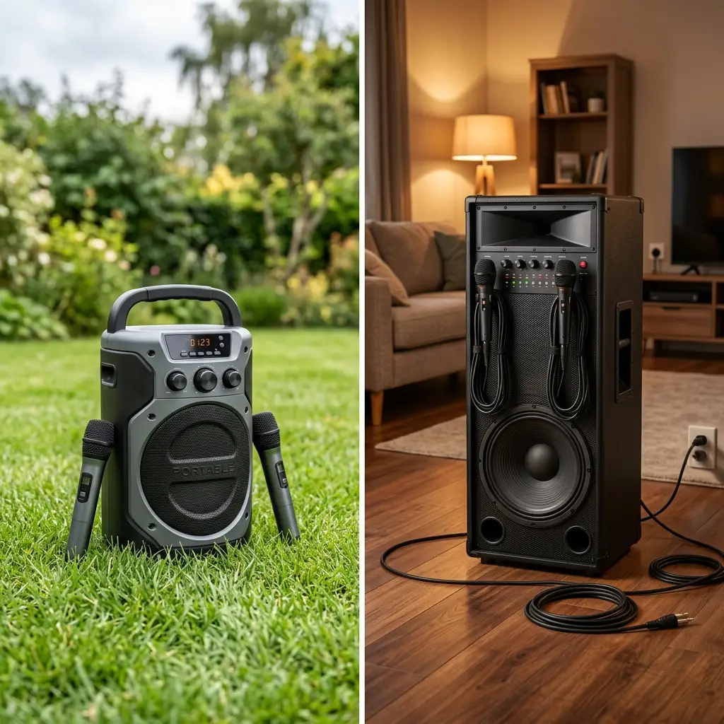 Side-by-side comparison of portable karaoke machine outdoors versus home karaoke system indoors