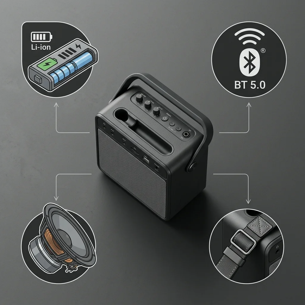 Flat lay of portable karaoke machine showing battery, Bluetooth, speaker, and carry strap components