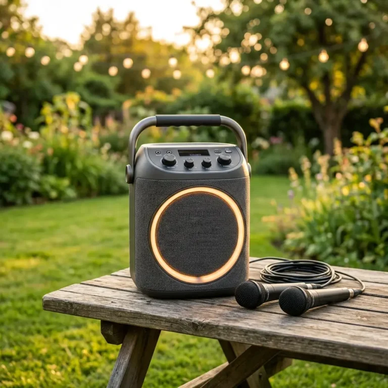 Portable karaoke machine with carry handle on outdoor picnic table with two microphones