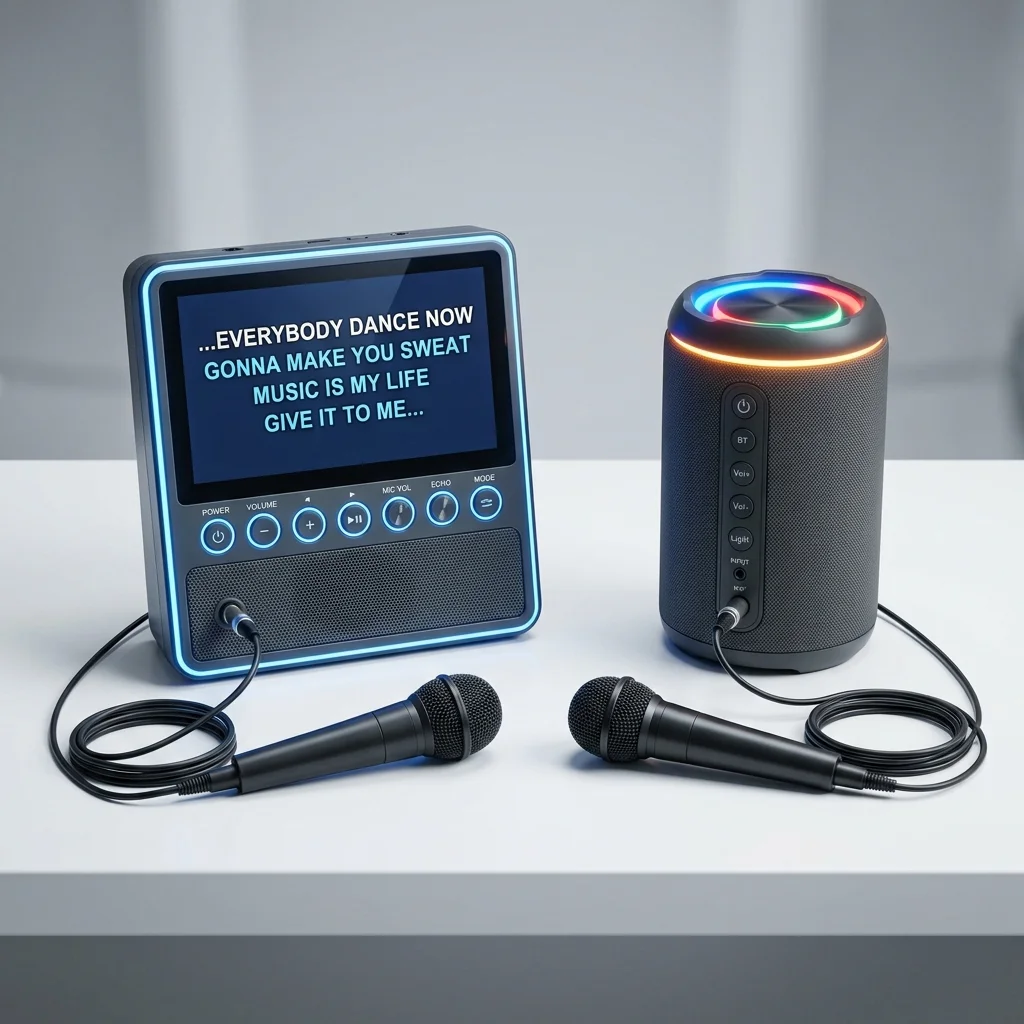 Two portable karaoke machines side by side — one with built-in 10-inch LCD lyrics screen and one without