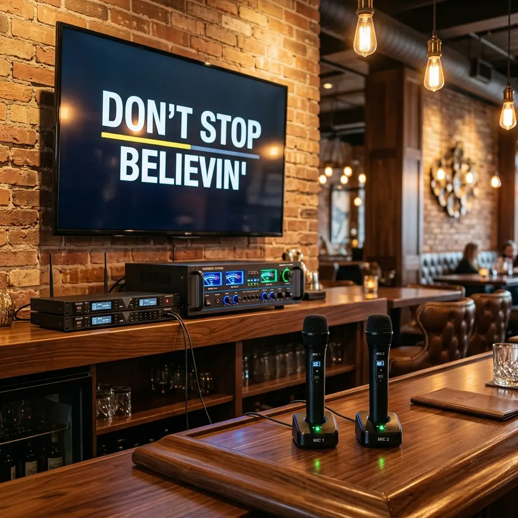 Professional karaoke setup in a bar interior with lyrics displayed on wall-mounted TV and two wireless microphones on charging stands