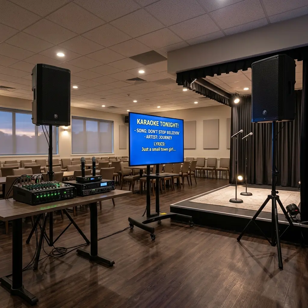 Mid-size venue karaoke setup with two floor-standing PA speakers, karaoke amplifier, and 65-inch TV displaying lyrics