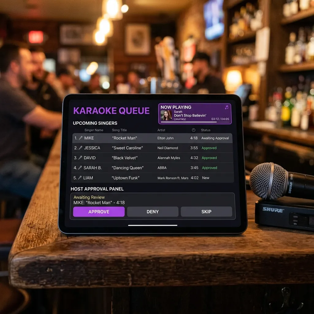 Professional karaoke song queue management interface on a tablet at a bar showing singer requests and host controls