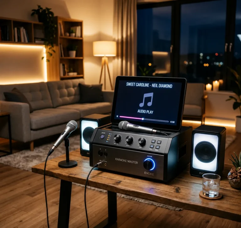 Sleek high-end karaoke machine with a 13-inch built-in screen displaying words