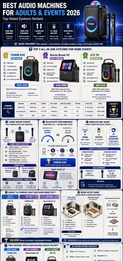 info graphic of Best Karaoke Machine for Adults and Events 2026: Top-Rated Systems Ranked