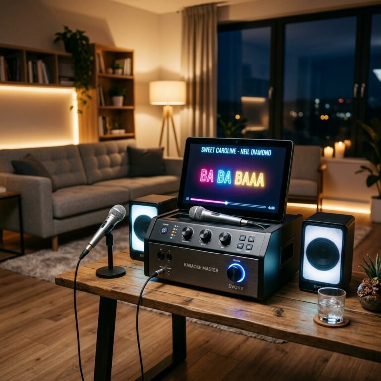 Sleek high-end karaoke machine with a 13-inch built-in screen displaying lyrics