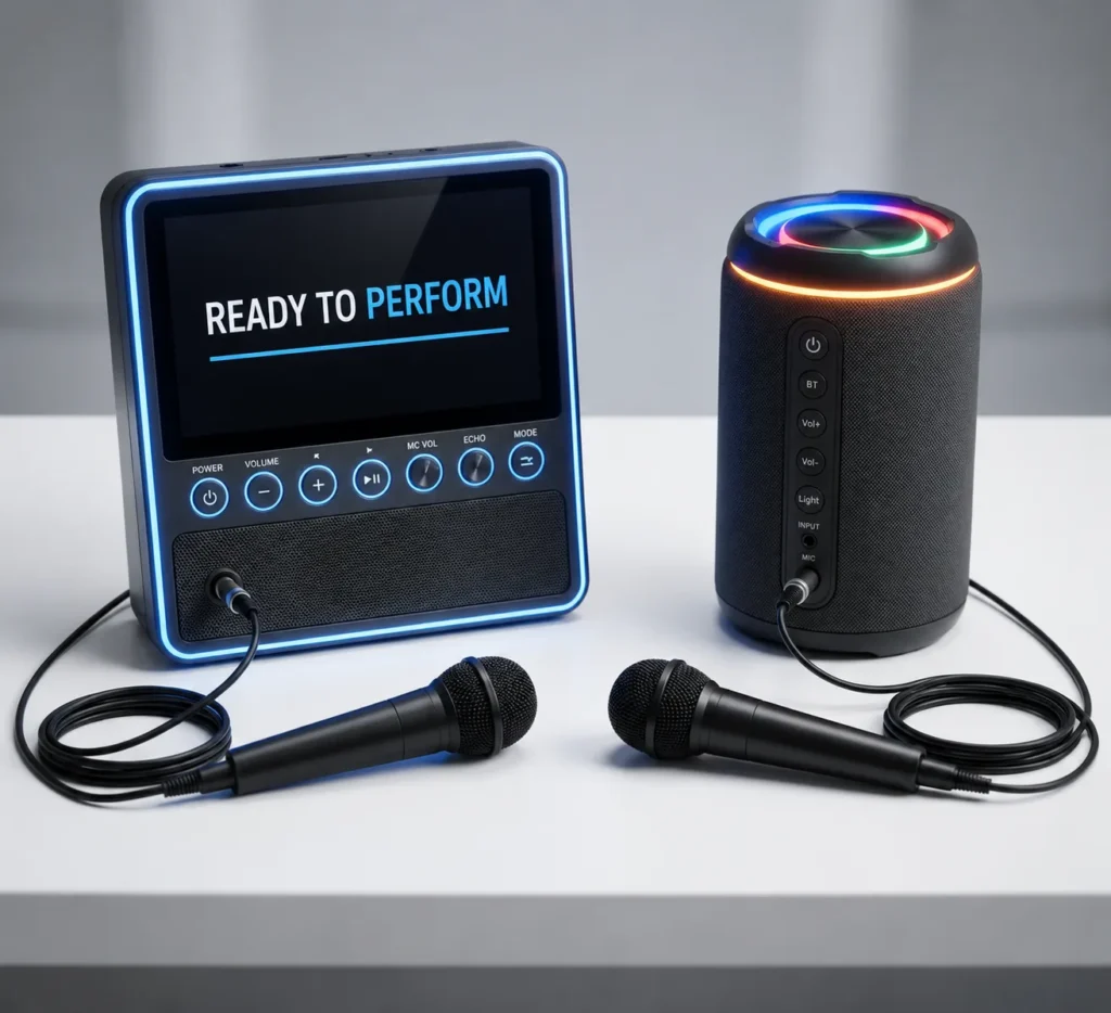 Two portable karaoke machines side by side — one with built-in 10-inch LCD lyrics screen and one without