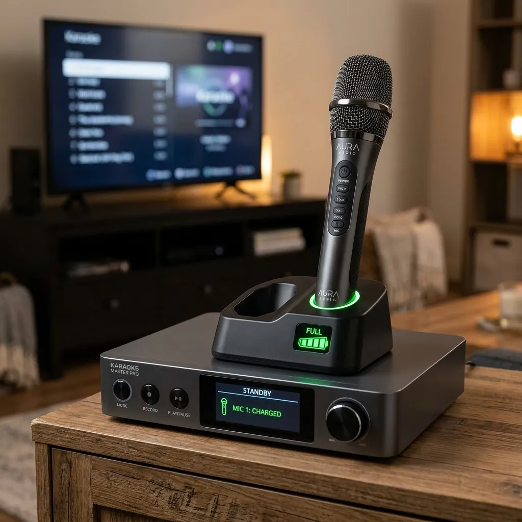 Close-up of wireless microphones resting inside their custom speaker charging docks