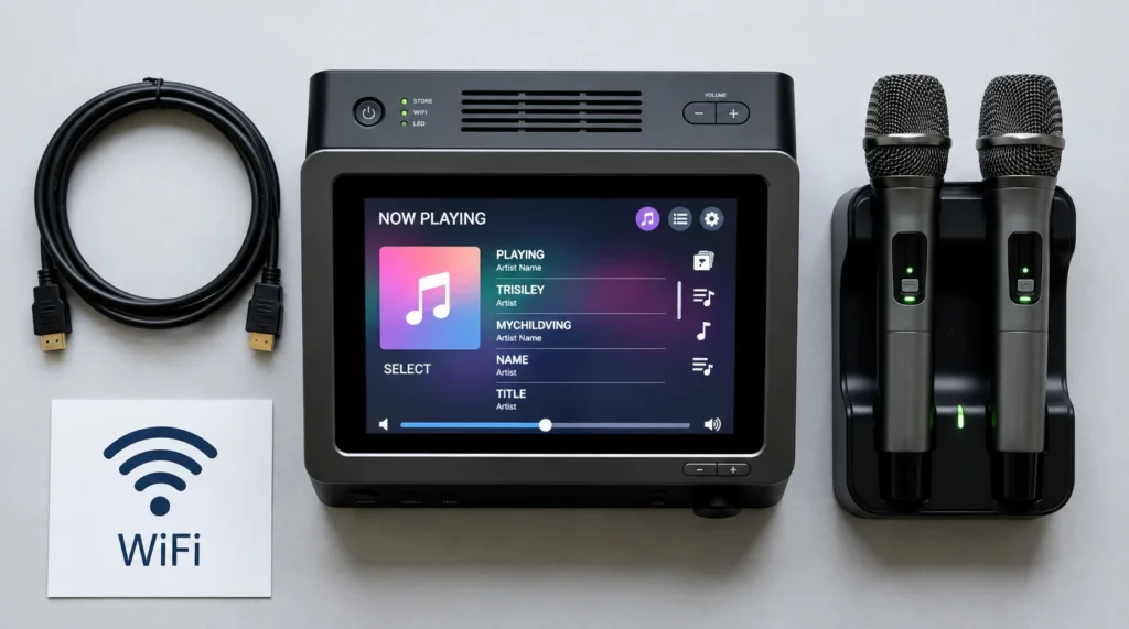 Flat lay of iKarao karaoke machine with large touchscreen surrounded by HDMI cable, wireless mics, and WiFi icon