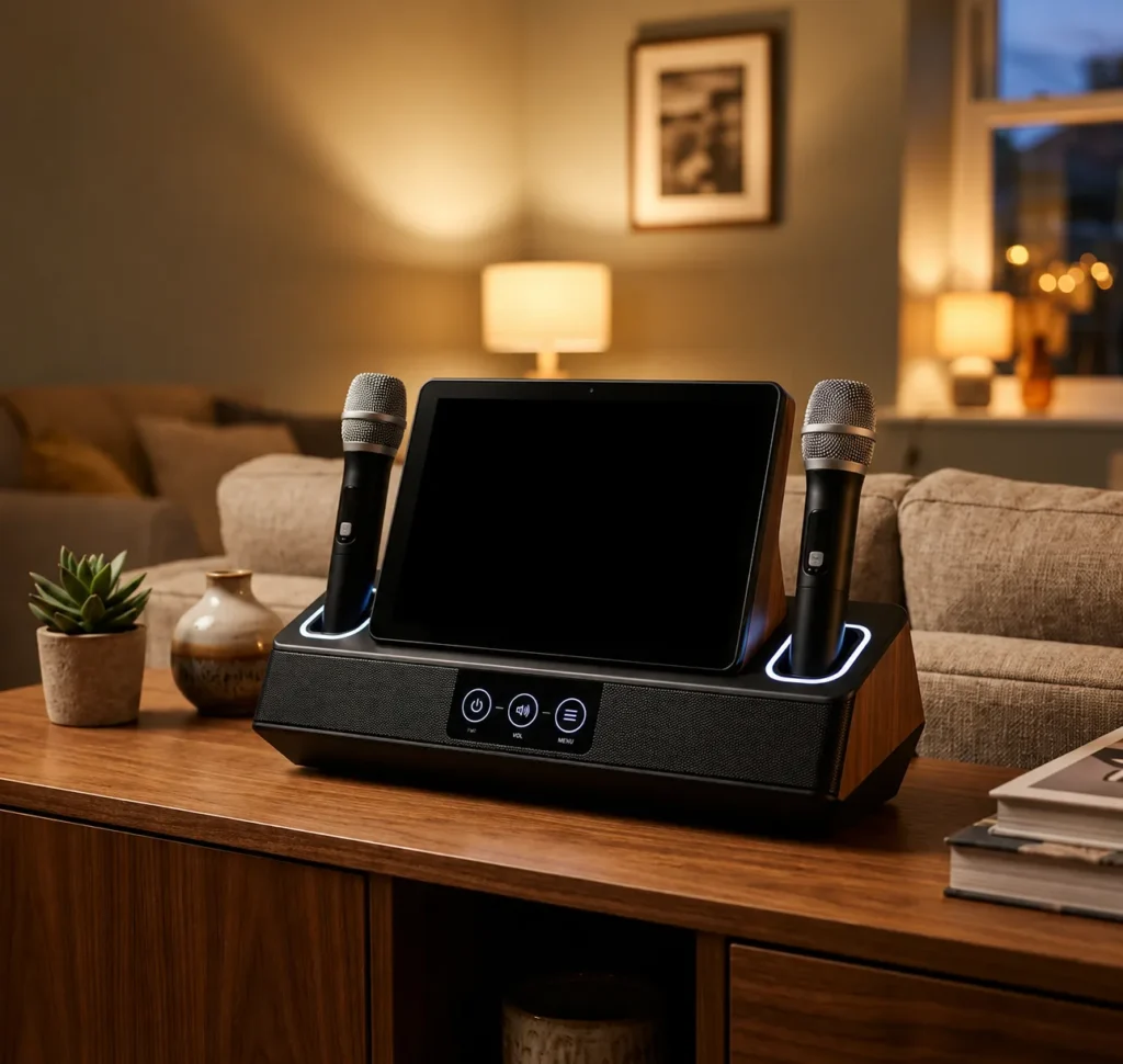 iKarao karaoke machine with large touchscreen showing song browsing interface and two wireless mics in charging docks