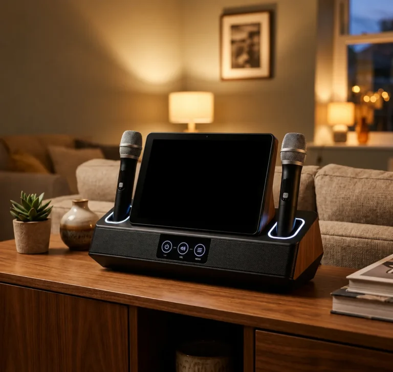 iKarao karaoke machine with large touchscreen showing song browsing interface and two wireless mics in charging docks