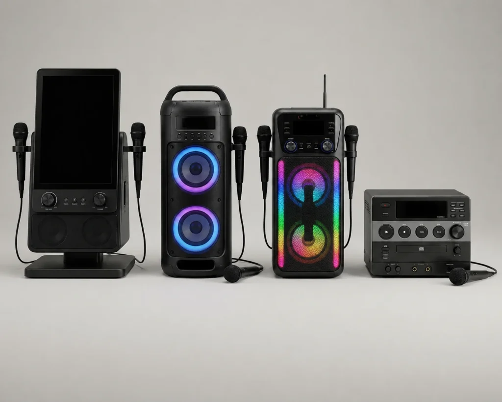 Four different karaoke machines in a lineup showing screen, party speaker, LED, and traditional home unit styles