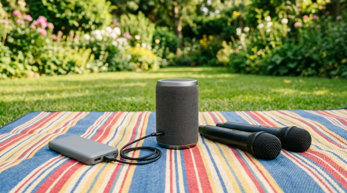 Tonor K20 portable karaoke machine set up outdoors in a garden
