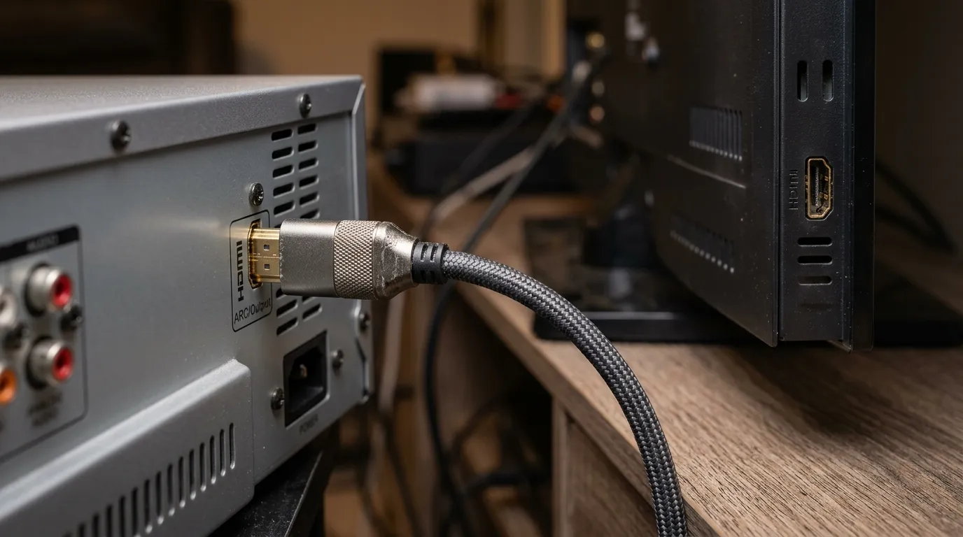 Rear connection panel of a karaoke machine highlighting the HDMI OUT port