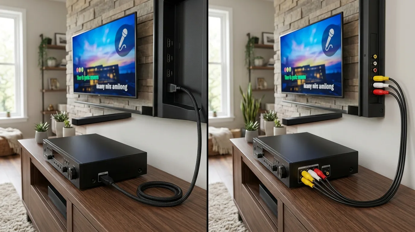 Comparison diagram showing HDMI port versus RCA yellow white red audio video jacks