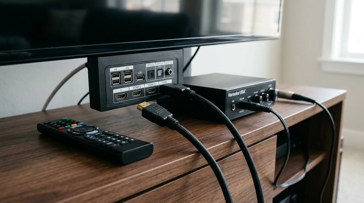 Diagram showing TV HDMI IN and HDMI ARC connections for karaoke machine and soundbar