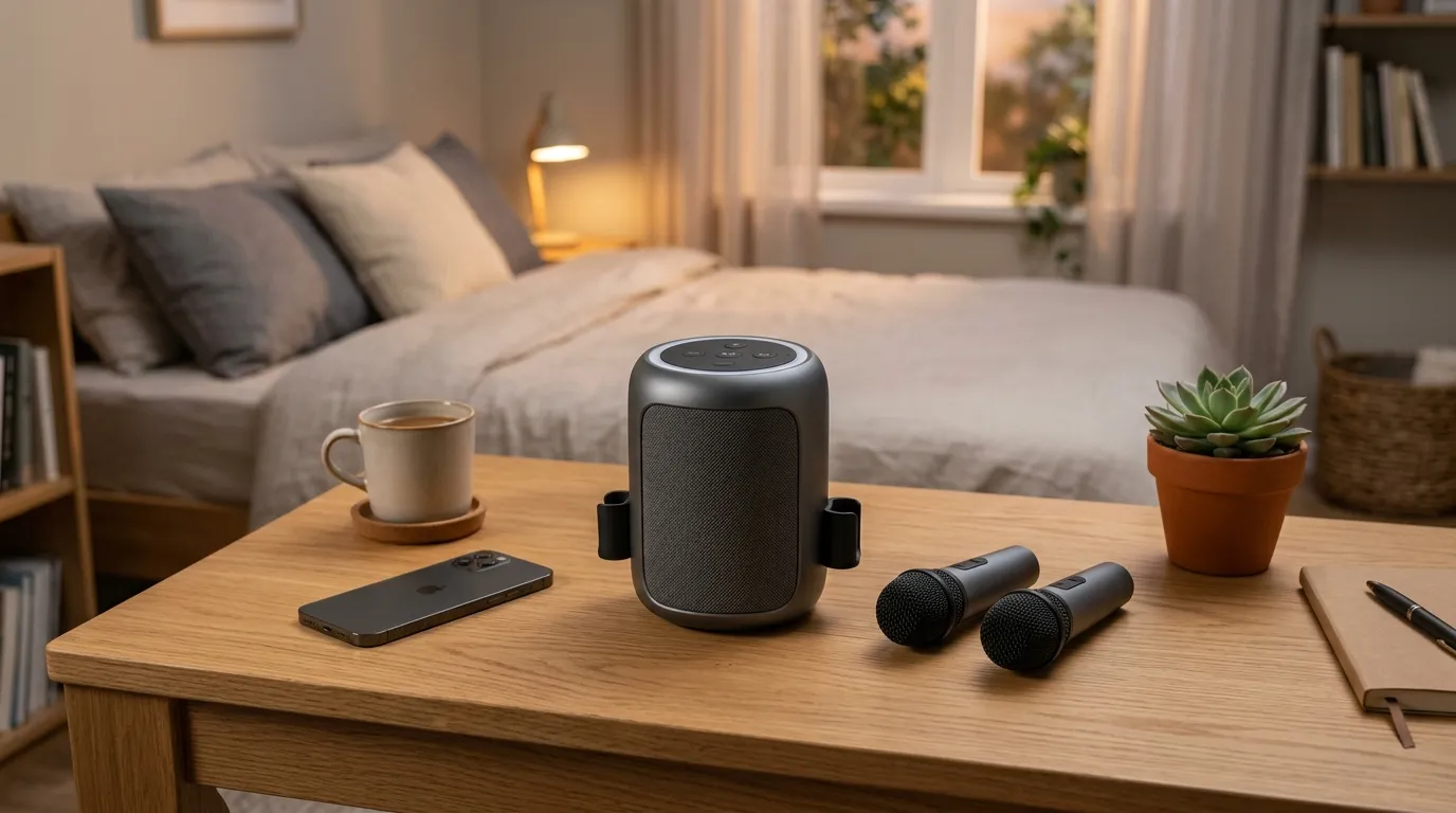 Mini Karaoke Machine compact speaker with two wireless microphones on a desktop