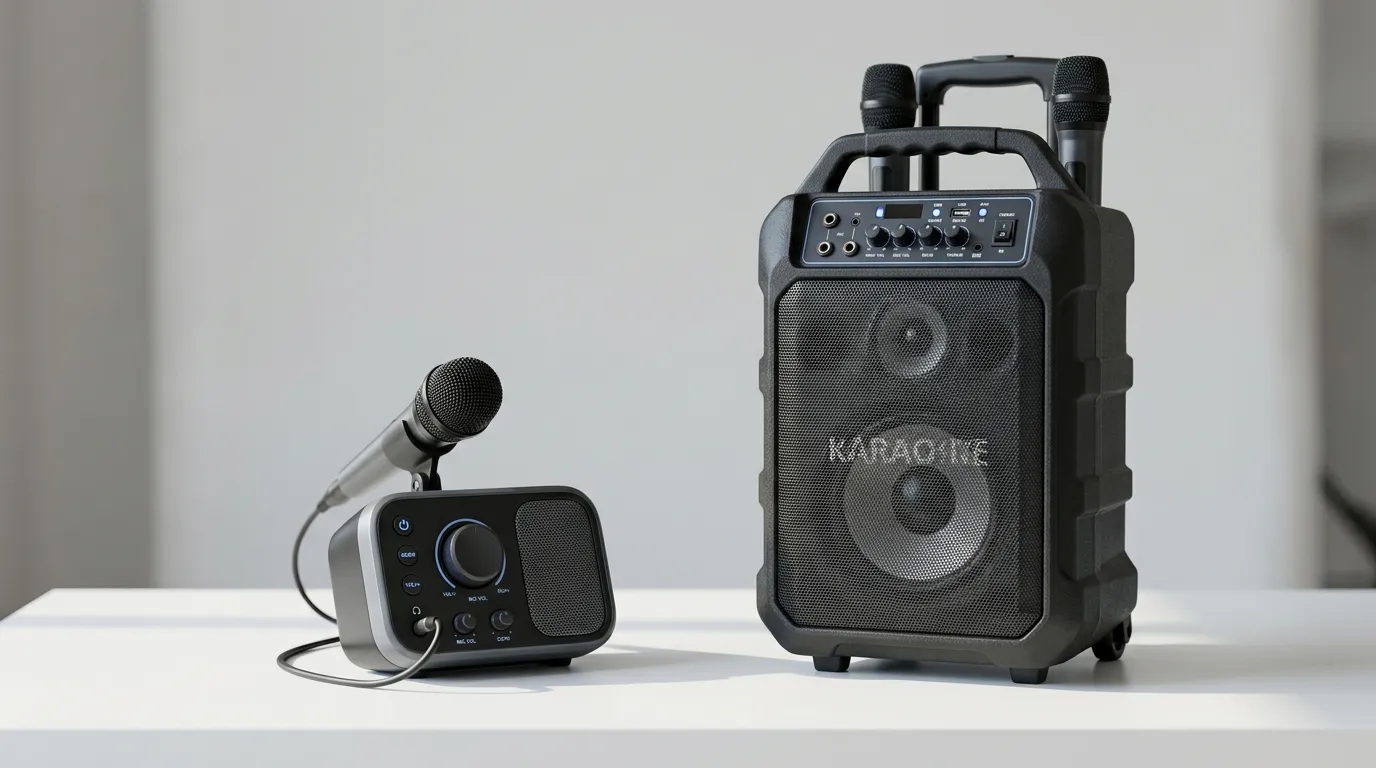 Size comparison scale between a mini karaoke machine under 5 lbs and a standard portable unit