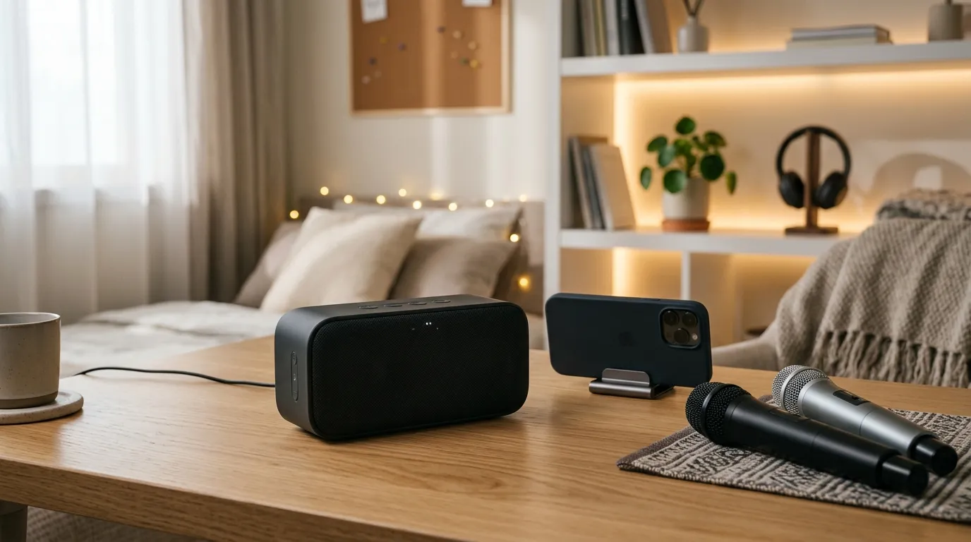 Smartphone paired via Bluetooth streaming music to a compact mini karaoke machine