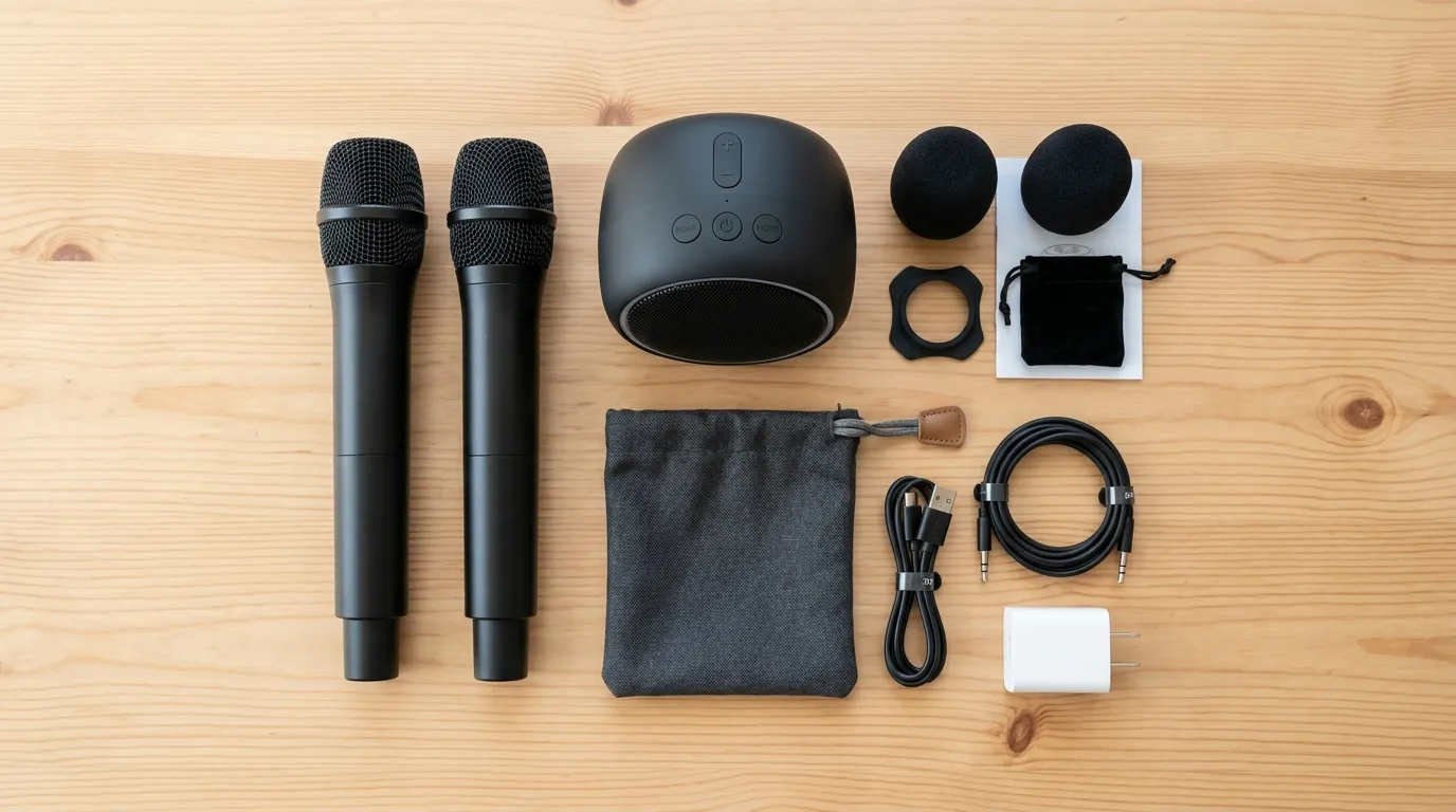 Mini karaoke machine accessories layout including USB-C charging cable and wireless mics