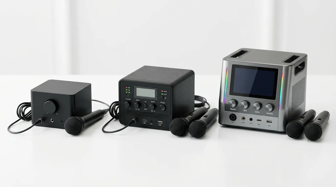 Feature matrix comparing budget mid-range and top tier mini karaoke machines