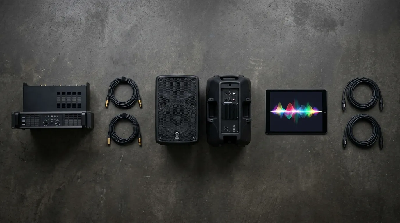 VocoPro System Build Component Flatlay with Cables and Speakers