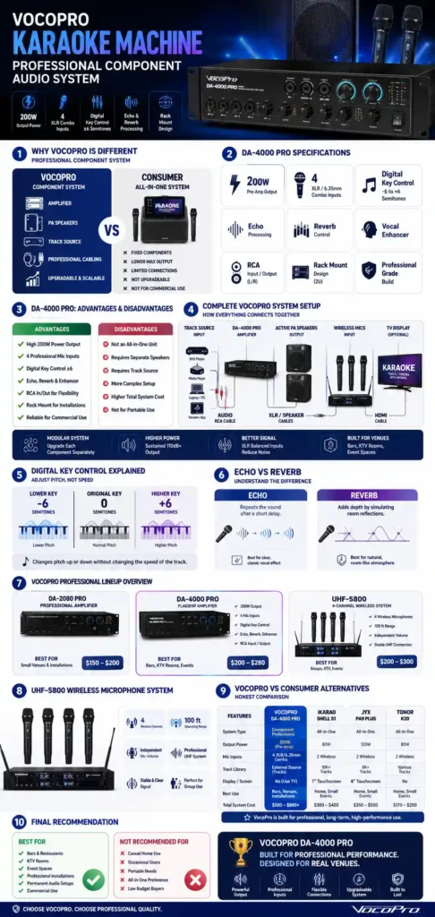 infographic VocoPro Karaoke Machine: DA-4000 Pro, UHF-5800 and Professional Component System Explained
