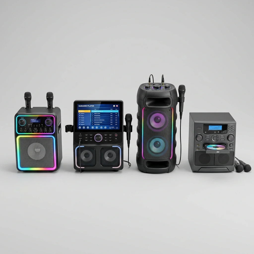 Four different karaoke machines in a lineup representing different brand styles and feature sets