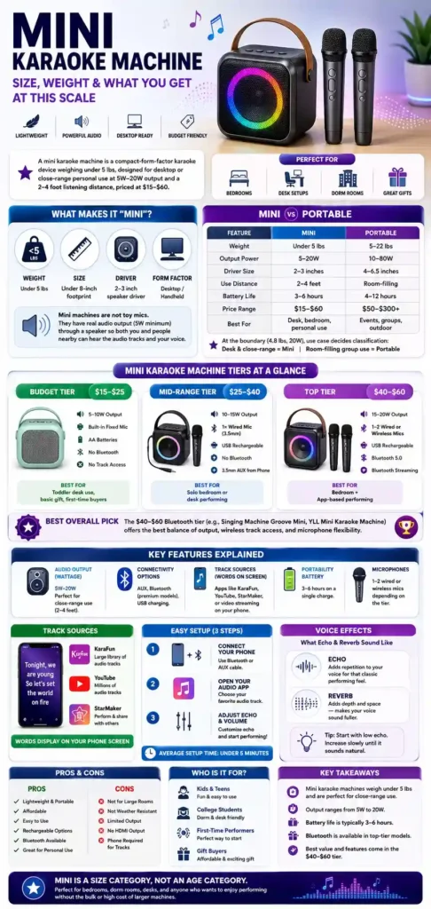 infographic of Mini Karaoke Machine: Size, Weight and What You Get at This Scale