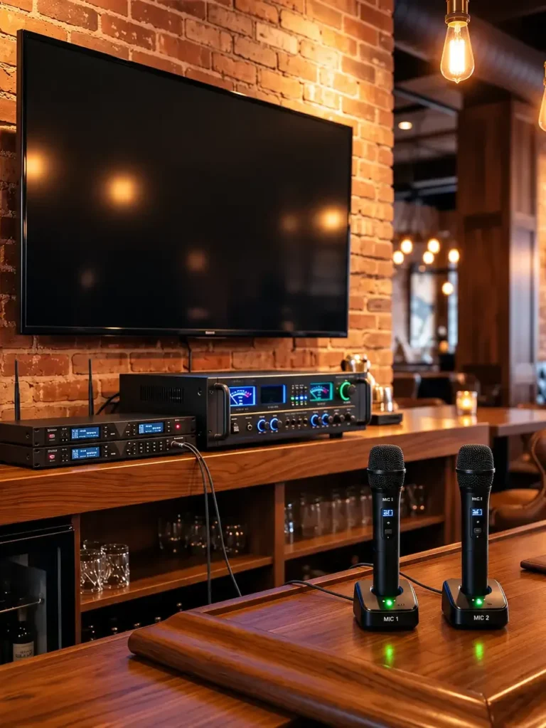 Professional karaoke setup in a bar interior with lyrics displayed on wall-mounted TV and two wireless microphones on charging stands