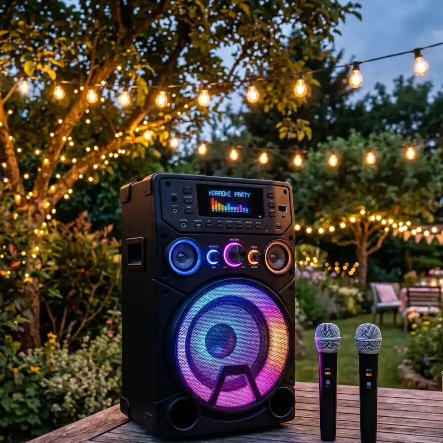 Large battery powered party karaoke machine being used outdoors by a group of adults