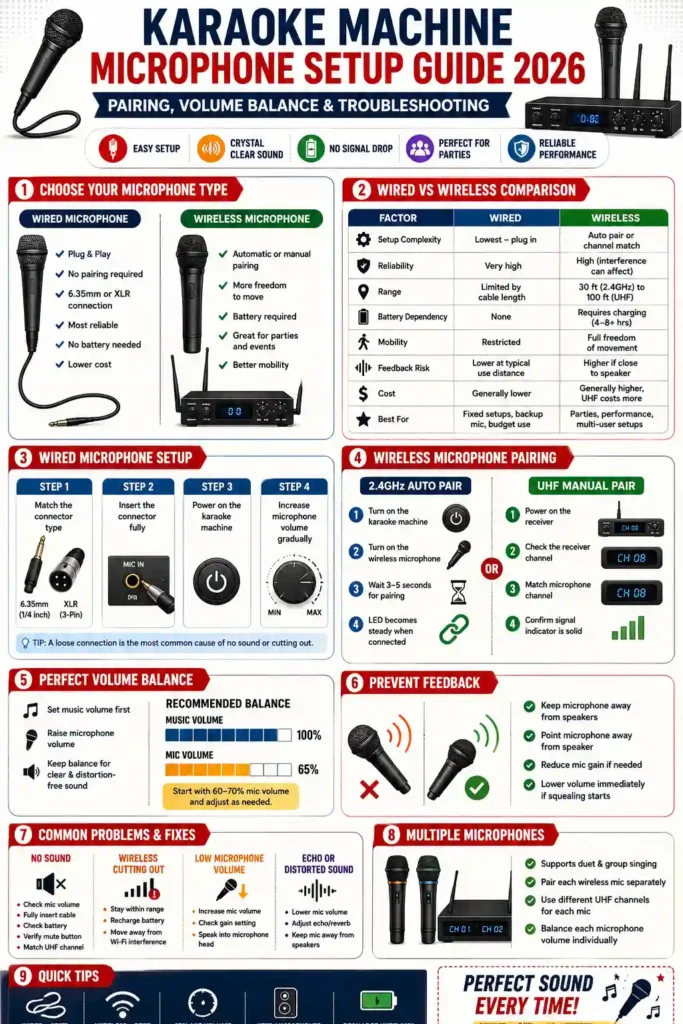 Infographic of Karaoke Machine Microphone Setup: Pairing, Volume Balance and Troubleshooting